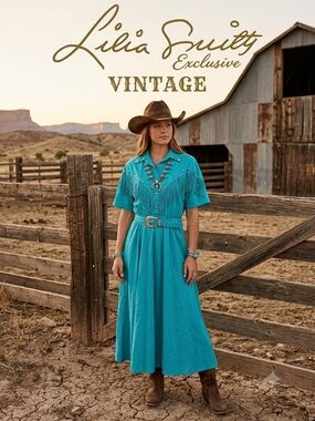 Vintage Lilia Smitty Rodeo Cowgirl Turquoise Fringe Midi Cotton Dress